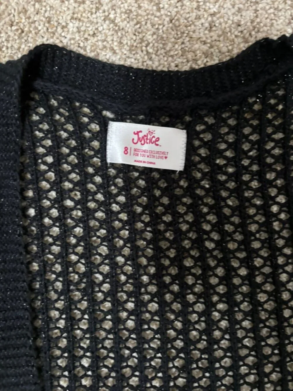 Justice Girls Open Front Cardigan Sweater Size 8 Black Crochet Lace Up Detail